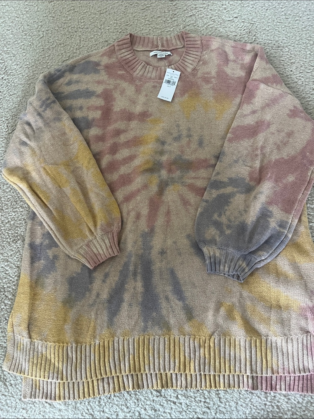 American Eagle Outfitters Pastel Tie-Dye Crewneck Sweater - Pink, Yellow, Gray